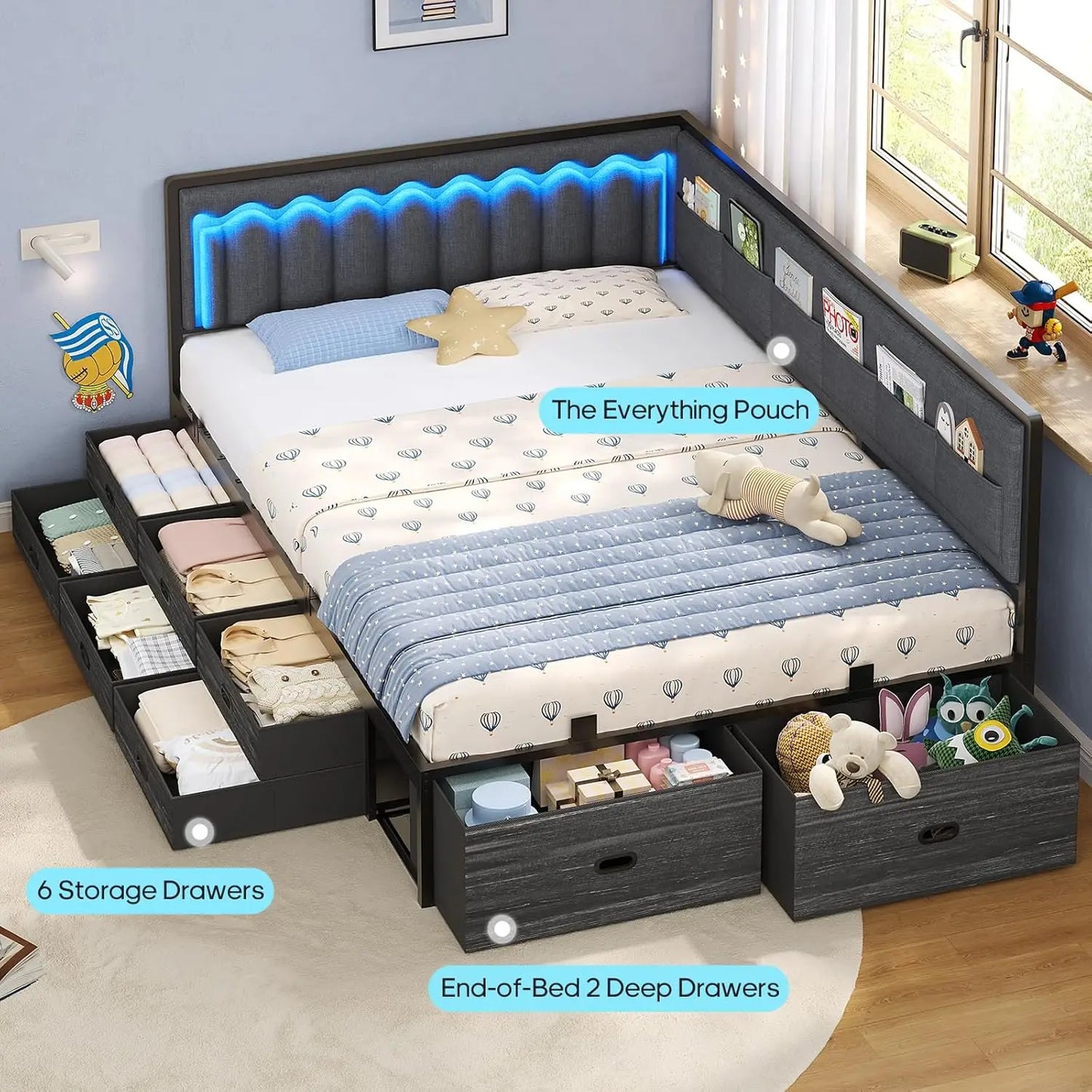 Full Corner Bed Frame with 8 Drawers, 6 Storage Pockets, Full Daybed with Storage and RGB Wave Lights, Platform Bed with L-Shape