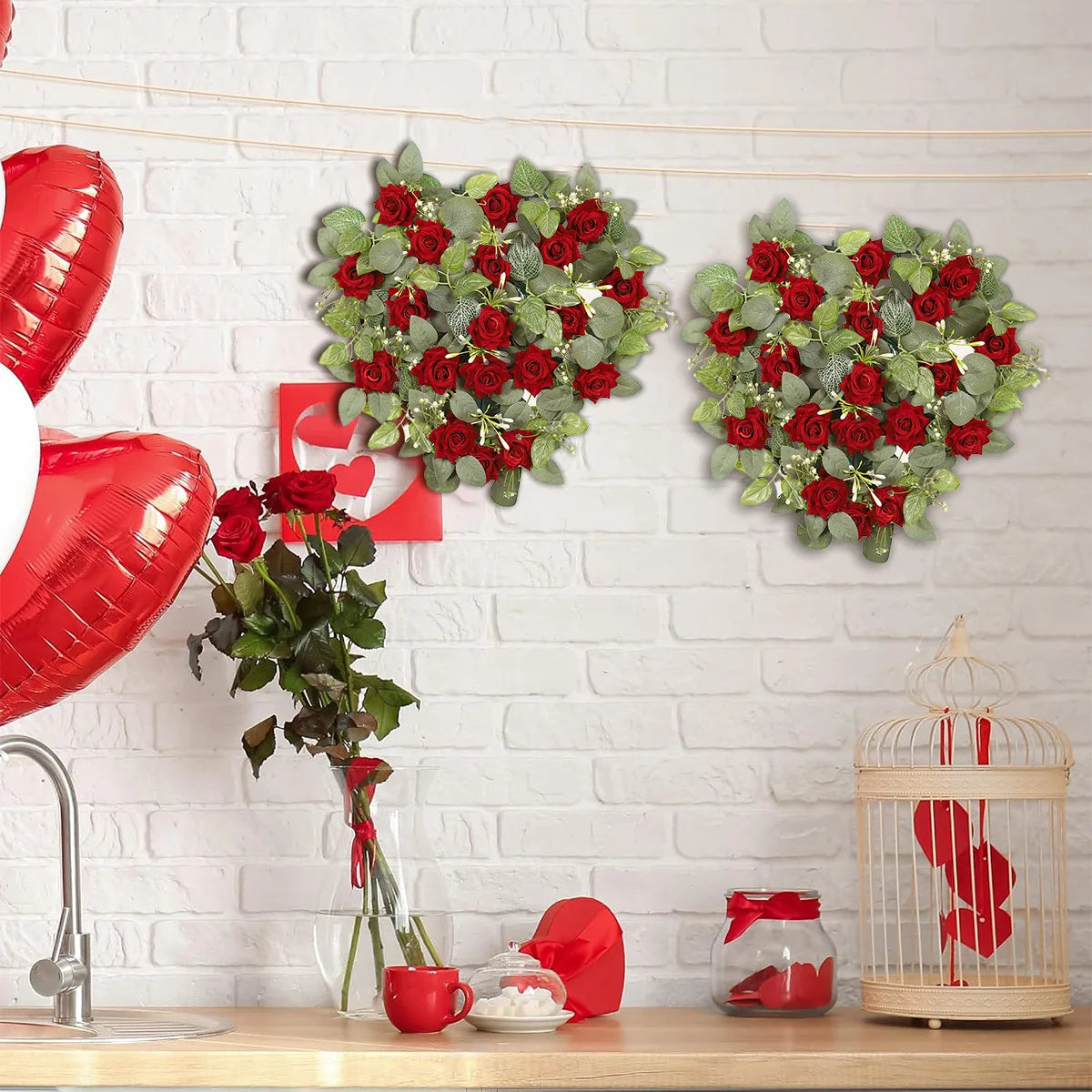Heart Shaped Red Rose Wreath, Artificial Floral Heart Shaped Garland Valentine's Day Hanging Wreath Wedding Hanging Decoration