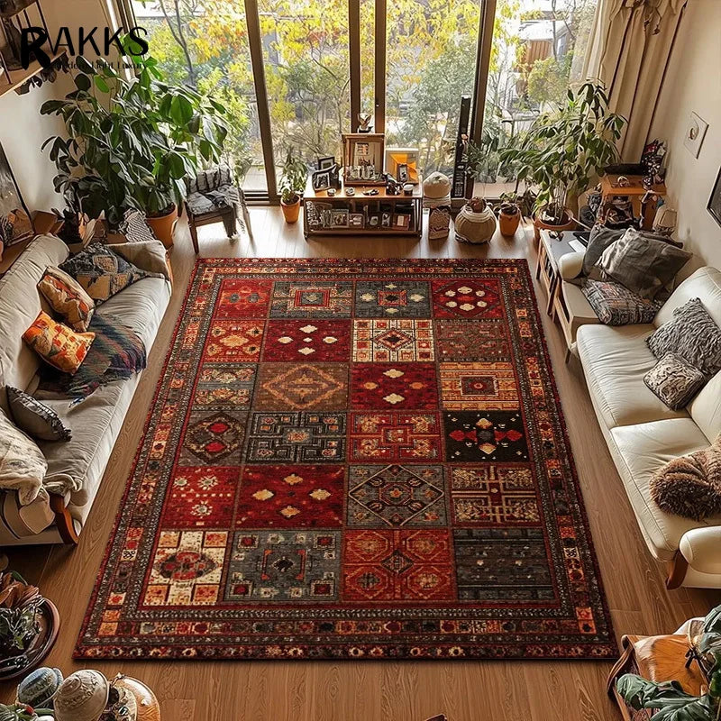 RAKKS Large Retro Red Ethnic Style Patchwork Carpet Area Rug Non-slip Living Room Decor Sofa Rug Bedroom Bedside Rug Floor Mat