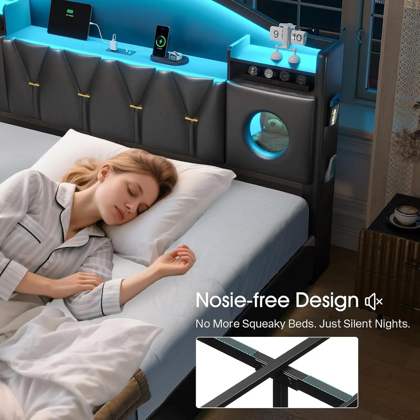 Cal King Bed Frame Storage Headboard 6 Drawers LED Lights Charging Station Noise-Free Easy Assembly PU Customized