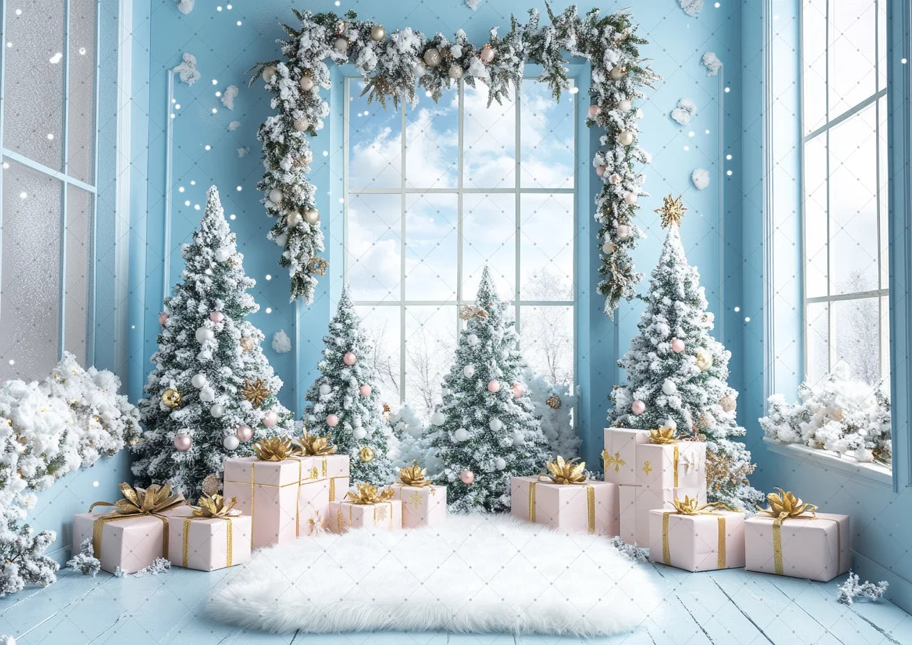 Photography Backdrop Christmas Trees Stars Newborn Birthday Portrait Window Tulle Curtains Gift Decor Photo Background