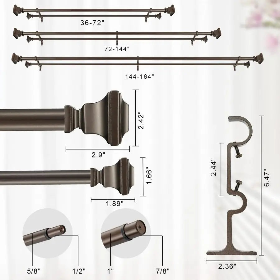 Curtain Rod, 1 inch Adjustable Heavy Duty Drapery Double Rod for Window 144 to 164 Inches 1213.6Feet, Vintage Square Finials,Pre