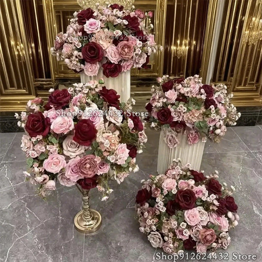 NEW Luxury Red Rose Artificial Flower Wedding Table Row Runner Centerpiece Flower Ball Wreath Backdrop Stage Prop Decor Party