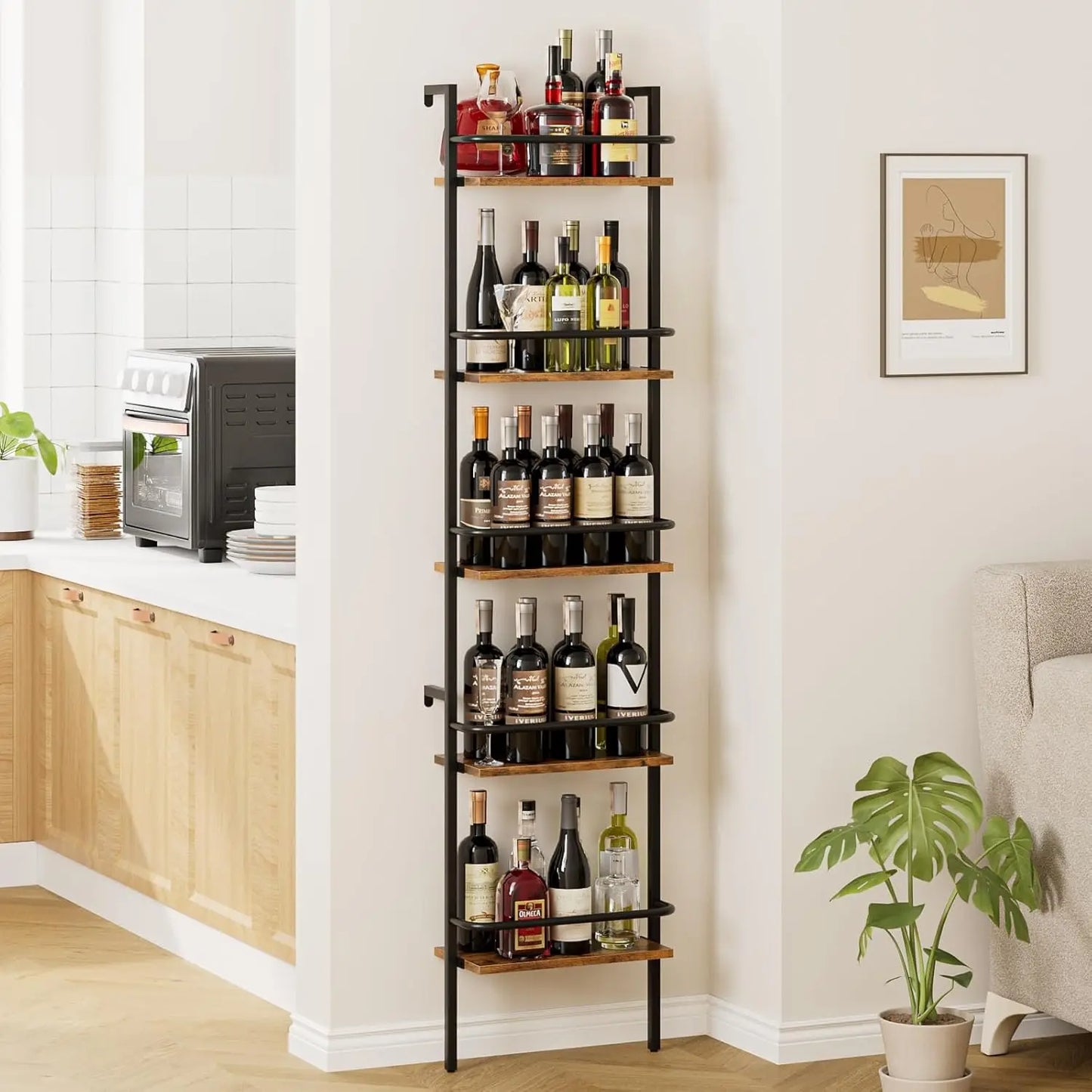 5-Tier Wall Mounted Wine Rack with Fences, Freestanding Floor Holder for 50 Bottles, Brown Cabinet for Home Kitchen Dining Room