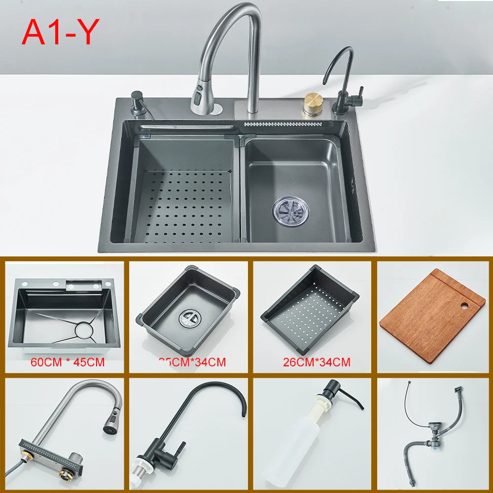 Multifunctional Kitchen Waterfall Sink Digital Display Large Single Gray Sink Dish Basin Sink 304 Stainless Steel