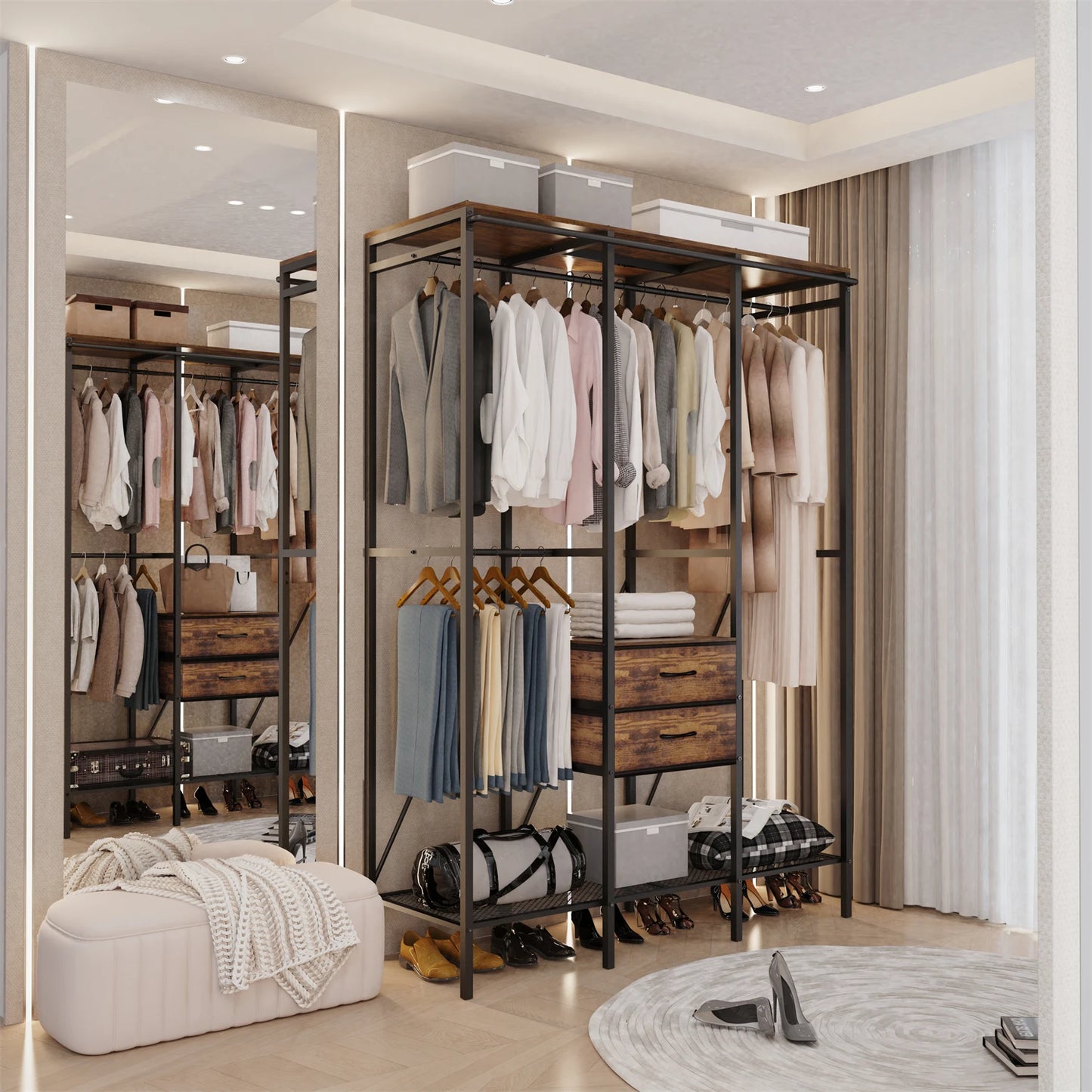 Industrial Coat Rack Stand With Two-Drawer Wardrobe Shelves