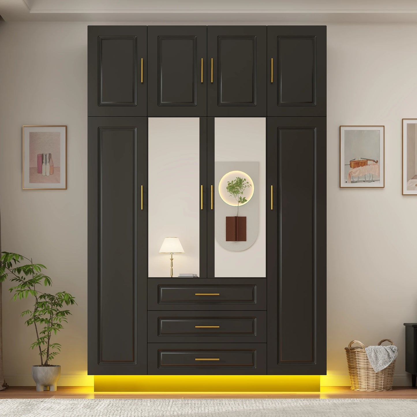 QiaoShiRenFinishes 4 Door LED Armoire Wardrobe With Mirror