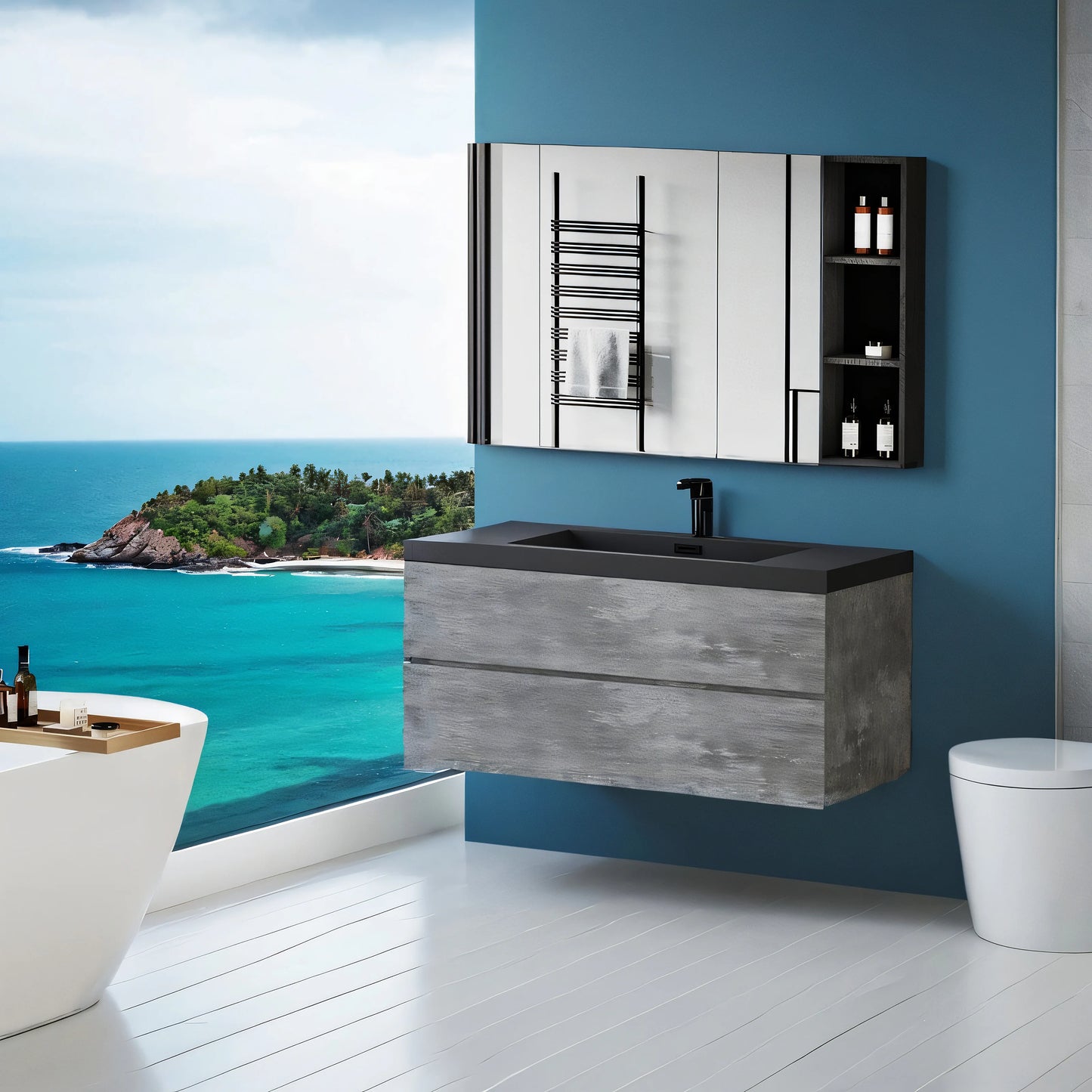 48 Inch Floating Vanity With Sink Black Quartz Top Storage
