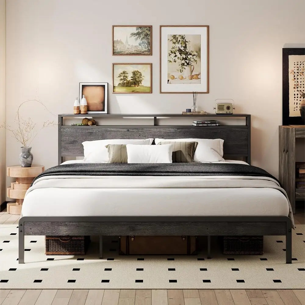 LIKIMIO California King Bed Frame with Headboard, Dark Wood Camas California King with Strong Supports, Sturdy, Noise-Free
