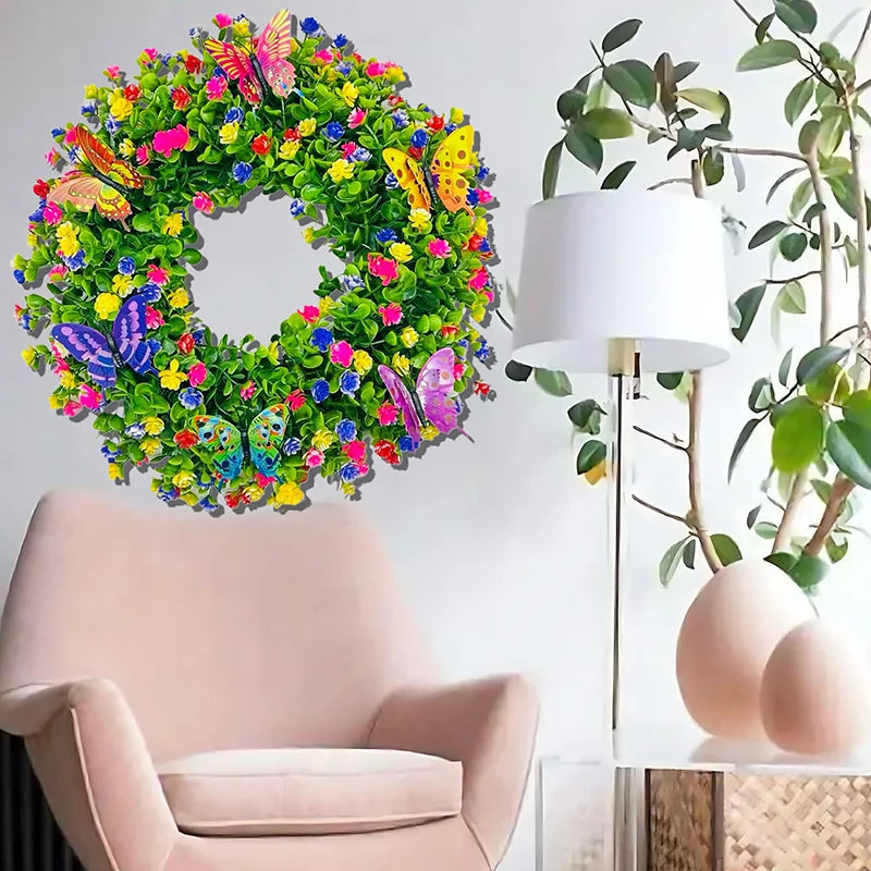 Artificial Flower Garland Eucalyptus Butterfly Wreath Summer Spring Decoration Door Living Room Home Decor Garden Patio Wall