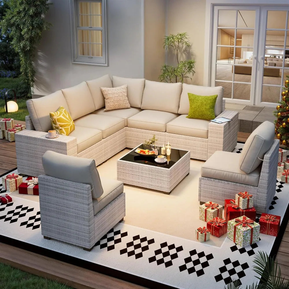 8 Piece Outdoor Patio Furniture Set, Outdoor Sectional Furniture, Rattan & Wicker Modern Modular Conversation Set Sofa Couch W/W