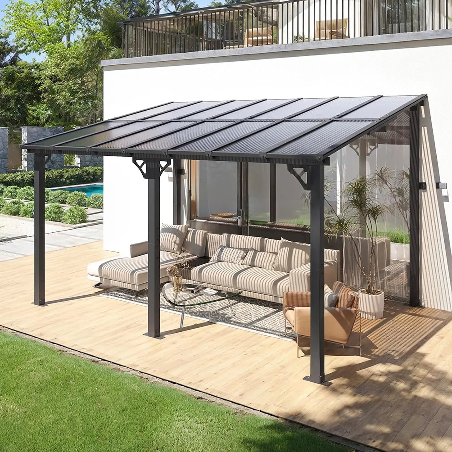 Lean to Gazebo, Hardtop Metal Gazebo Pergola with Polycarbonate Roof, Large Wall Mounted Heavy Duty Awnings,, Custom