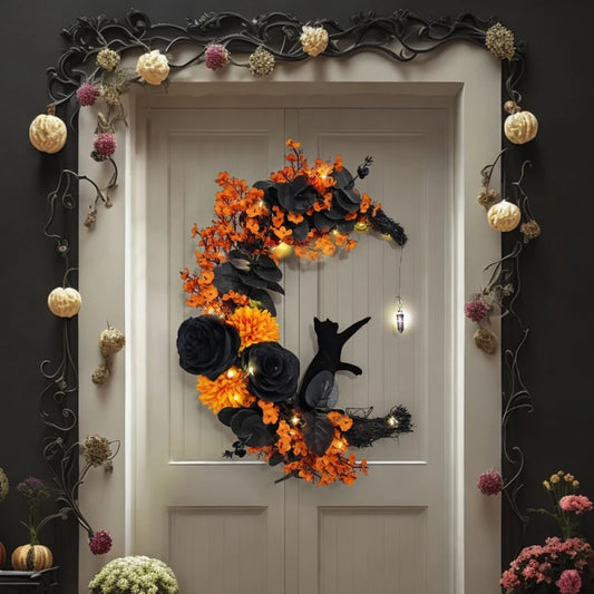Moon Shaped Door Wreaths Halloween Decorations Welcome Sign Goth Roses Black Cats Garland Front Door Ornament Halloween Signs