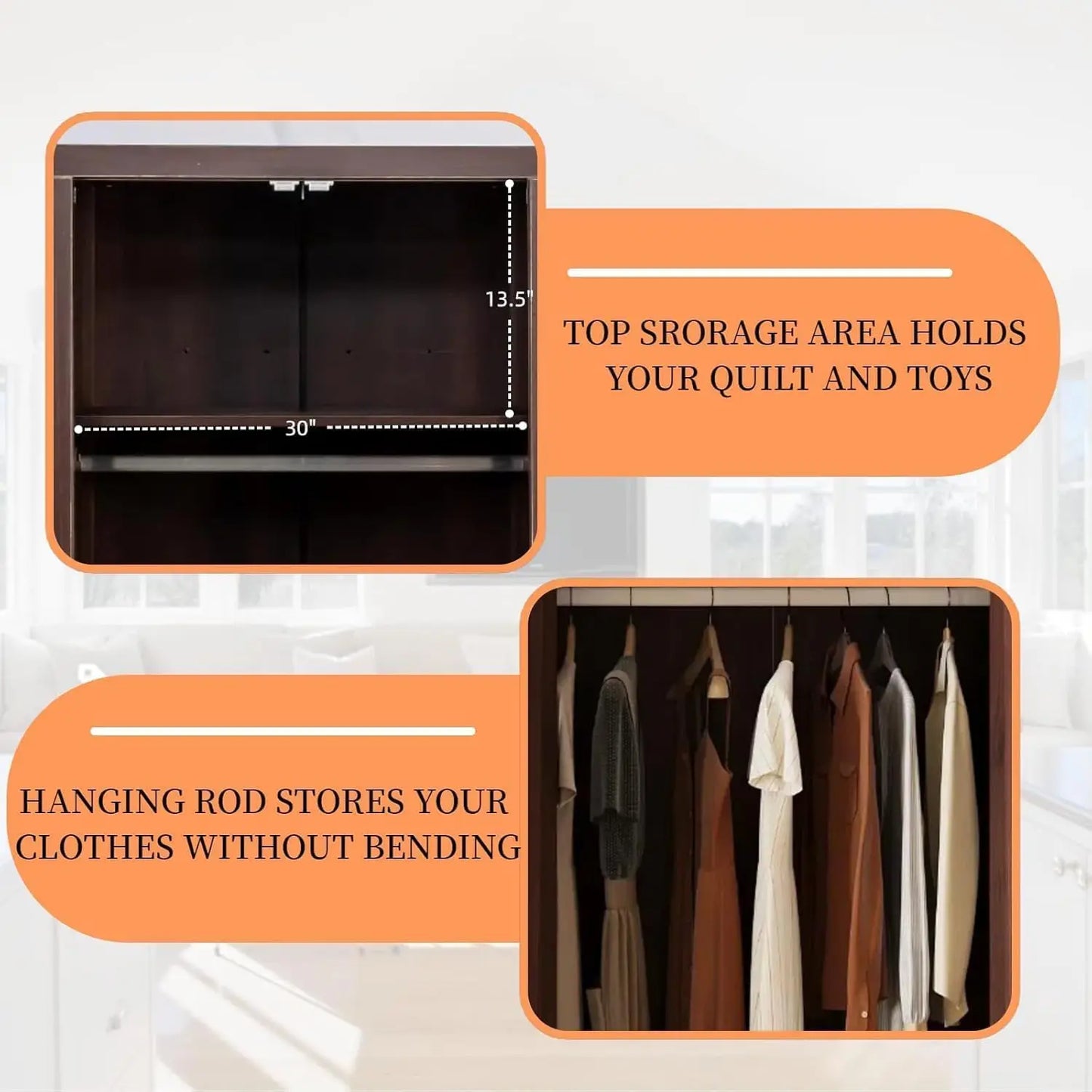 70" Tall Wardrobe Closet with Doors and Shelves, Hanging Clothes Storage Cabinet with Rods, Large Bedroom Armoire, Customized