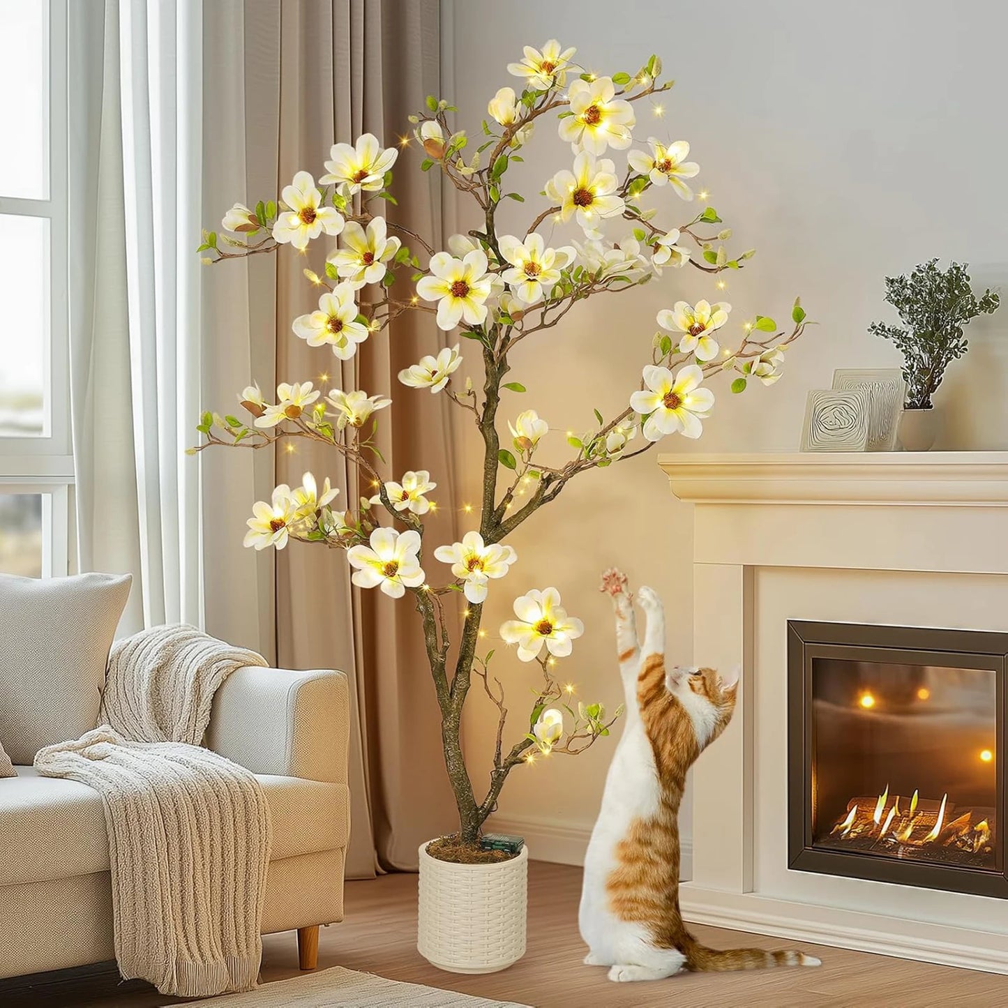 Artificial Magnolia Plant With LED Light For Outdoor Decor