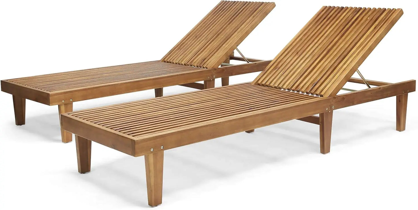 Outdoor Wooden Chaise Lounge, Set of 2 with Teak Finish, Pool Recliner Lounge Chairs