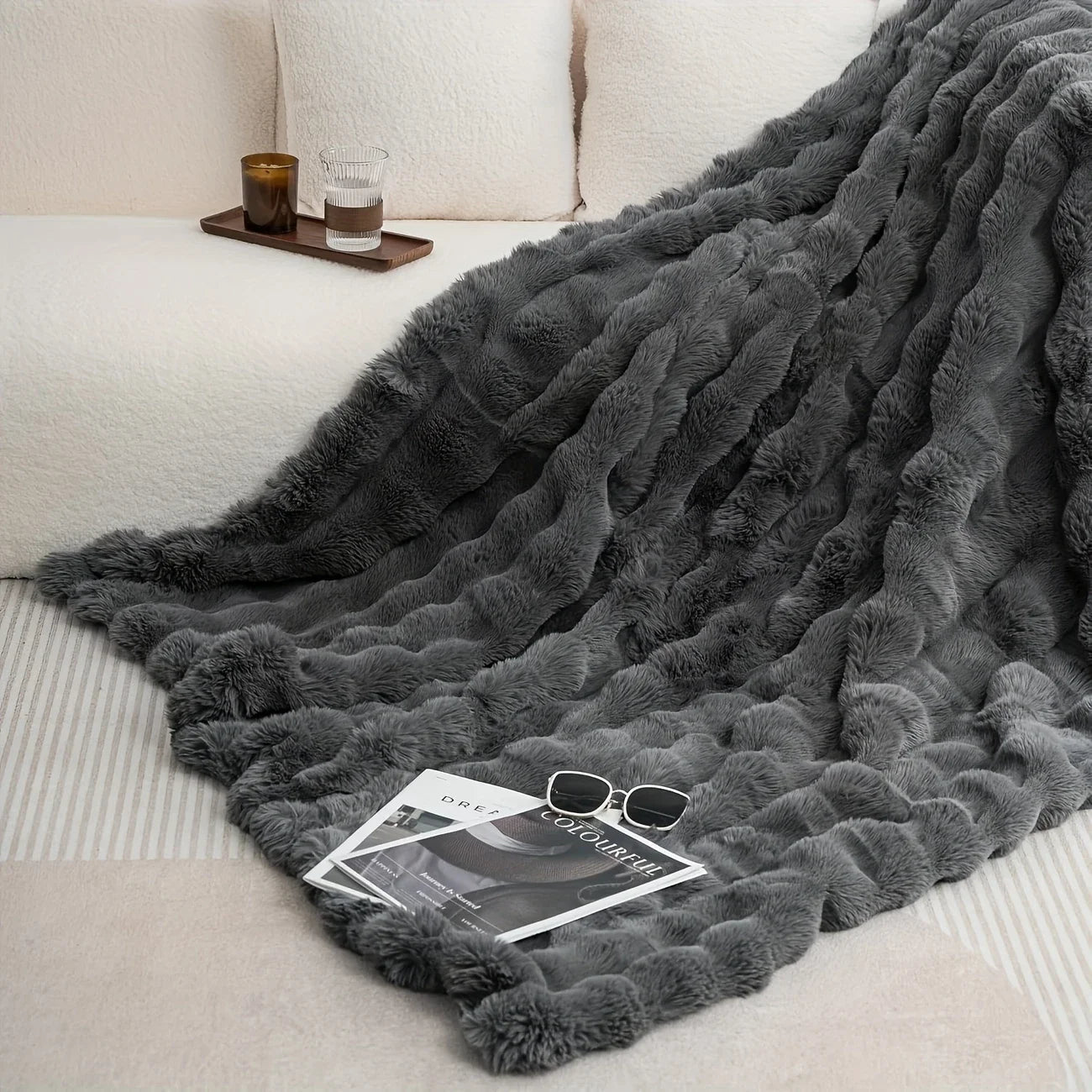 ROSEKINDCN Cozy Faux Rabbit Fleece Blanket Throw For Home