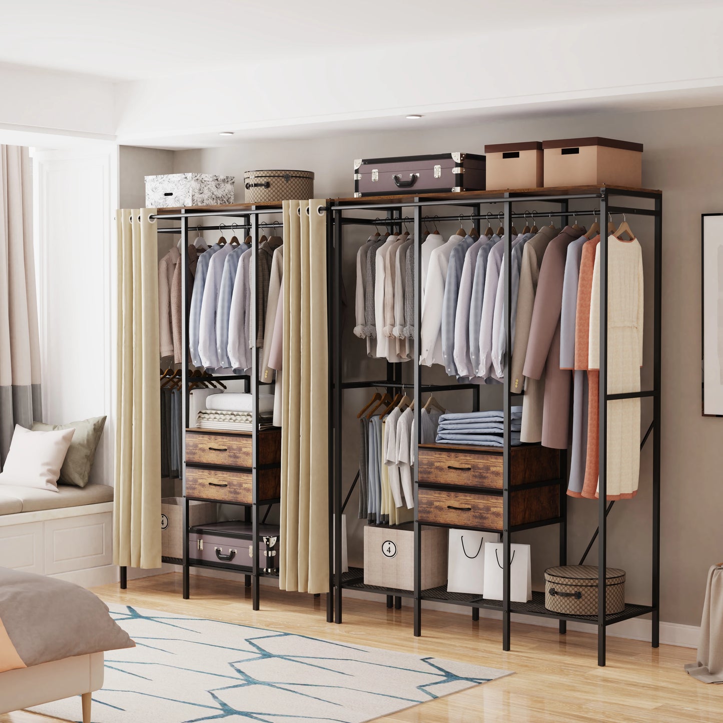 Industrial Coat Rack Stand With Two-Drawer Wardrobe Shelves
