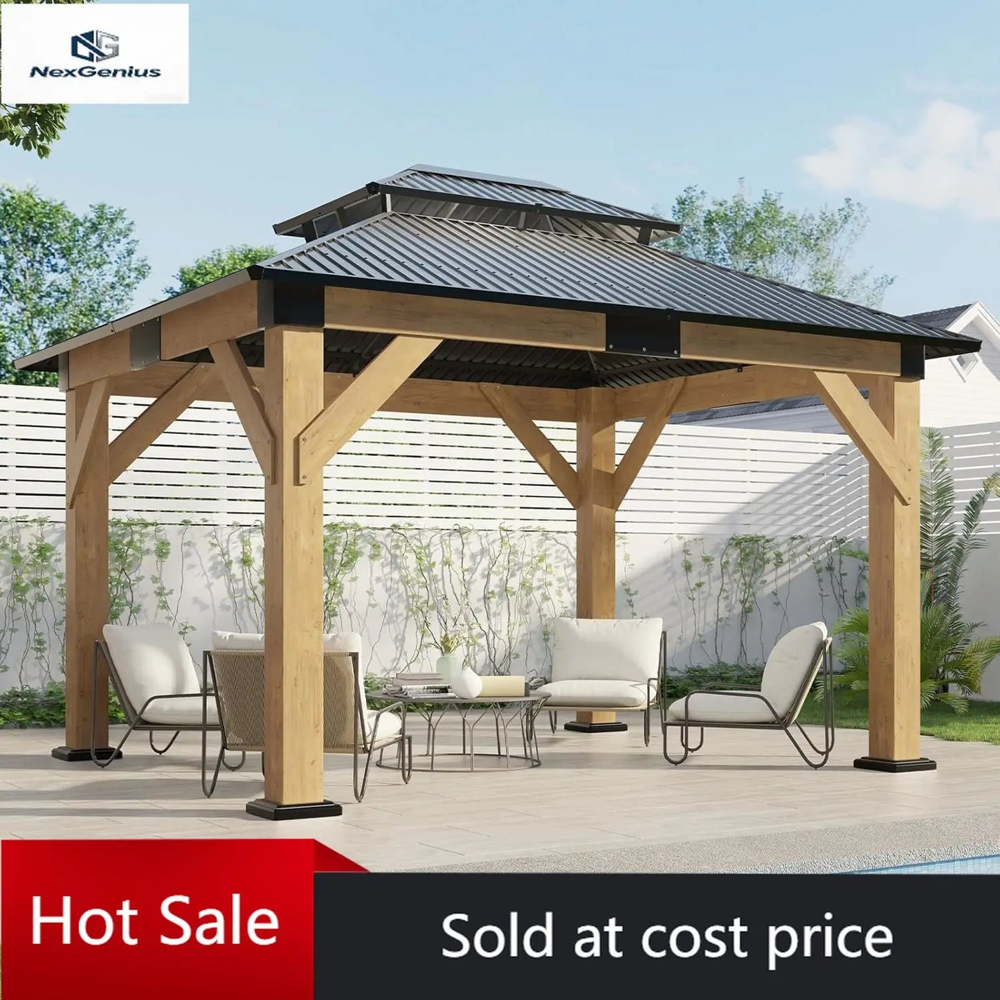 10x12 Wood Gazebo, Hardtop Gazebo with Spruce Frame and Double Metal Roof, Outdoor Pergola for Parties, Backyard, Patio, Lawns,