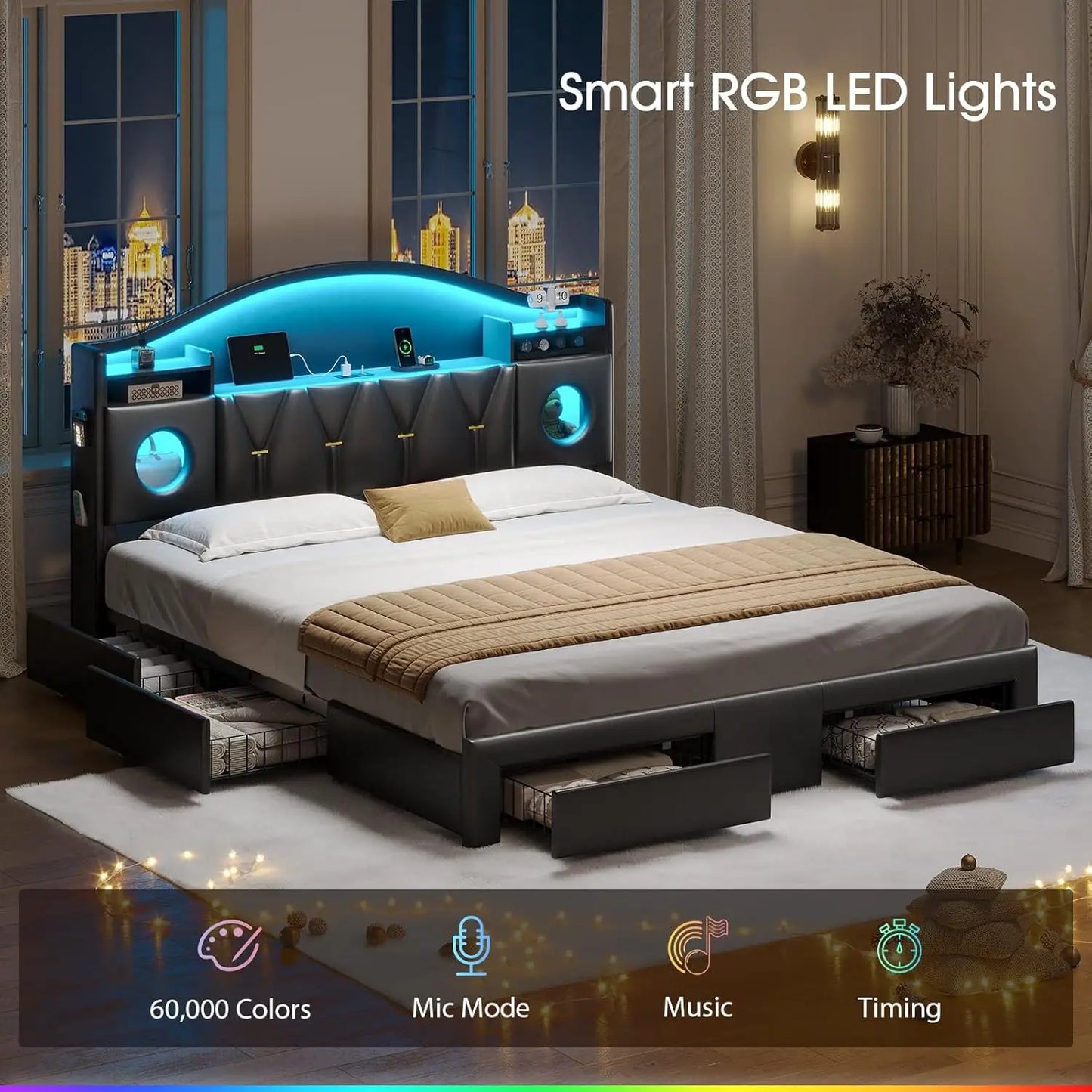Cal King Bed Frame Storage Headboard 6 Drawers LED Lights Charging Station Noise-Free Easy Assembly PU Customized