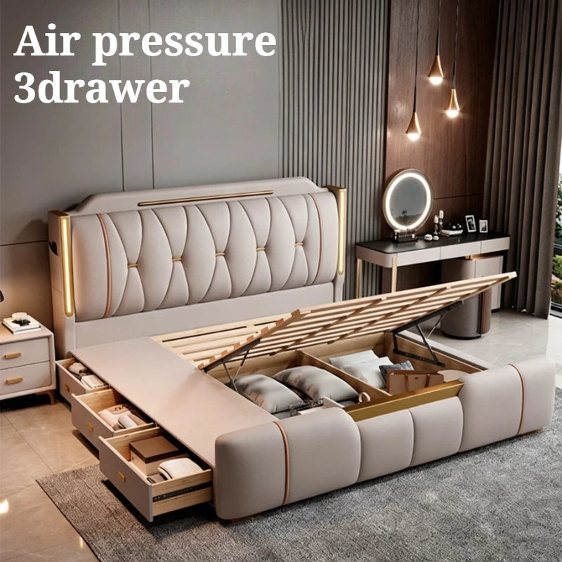200x220cm Headboard King Bed 2 People Queen Size Storage Frame Master Bedroom Furniture Modern Luxury Double Bed Nappa Leather