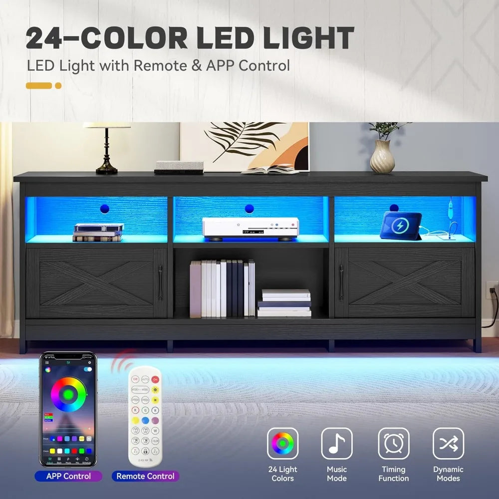 Farmhouse TV Stand for 70 75 80 Inch TVs With LED Lights