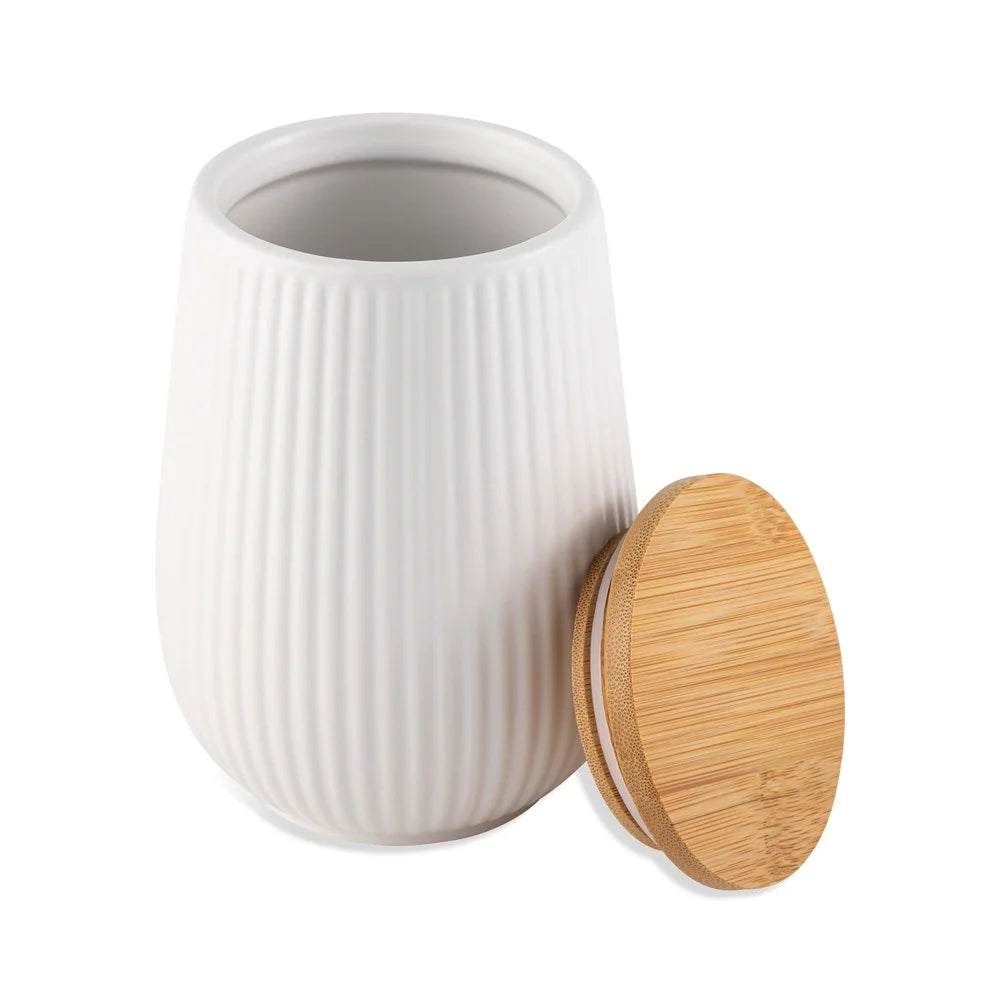 Ceramic Kitchen Canister With Bamboo Lid Airtight Seal Ribbed Design