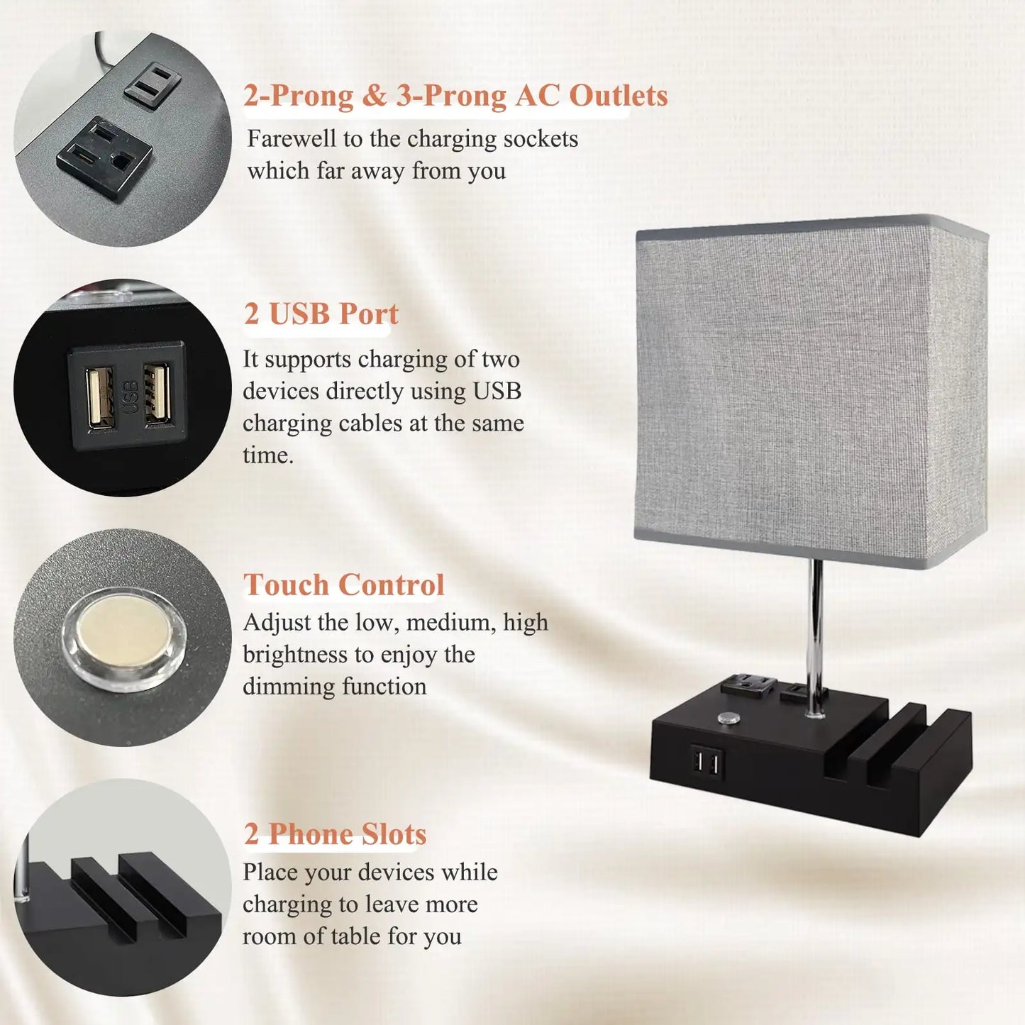 SZRSTH Bedside Table Lamp With Dual USB Ports Dimmable LED