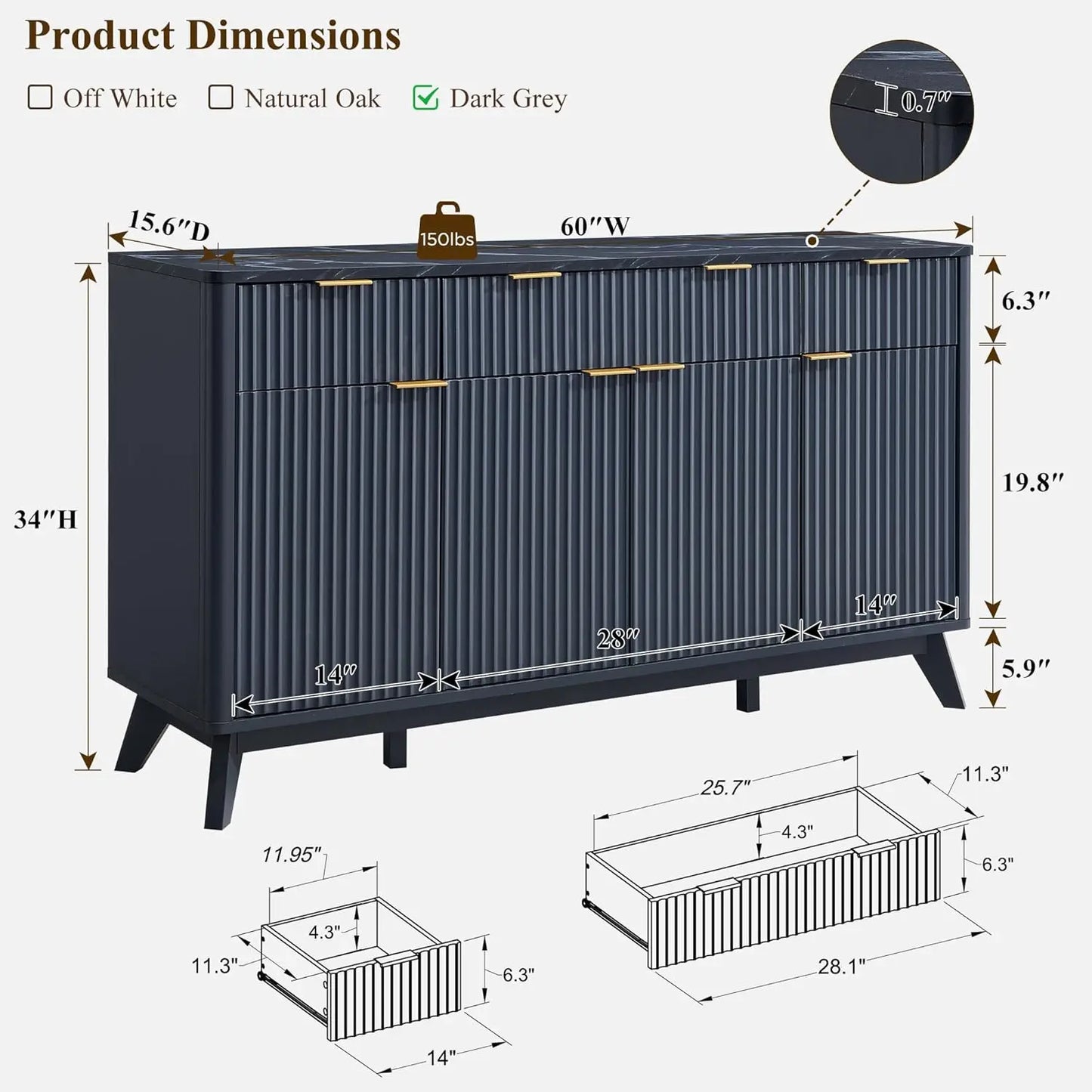 XMSJH Dark Grey Sixty Inch Fluted Buffet Sideboard Storage