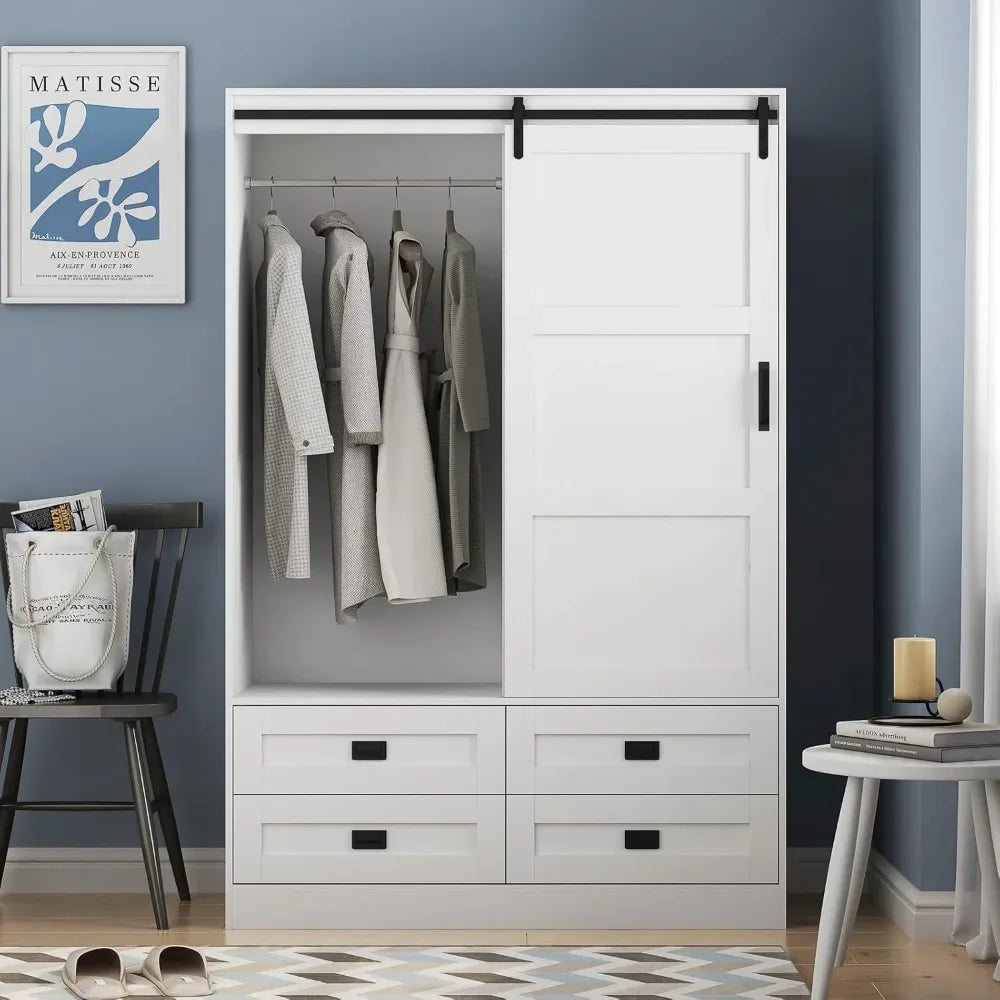 Freestanding Wooden Armoire Wardrobe With Sliding Barn Door And Drawers