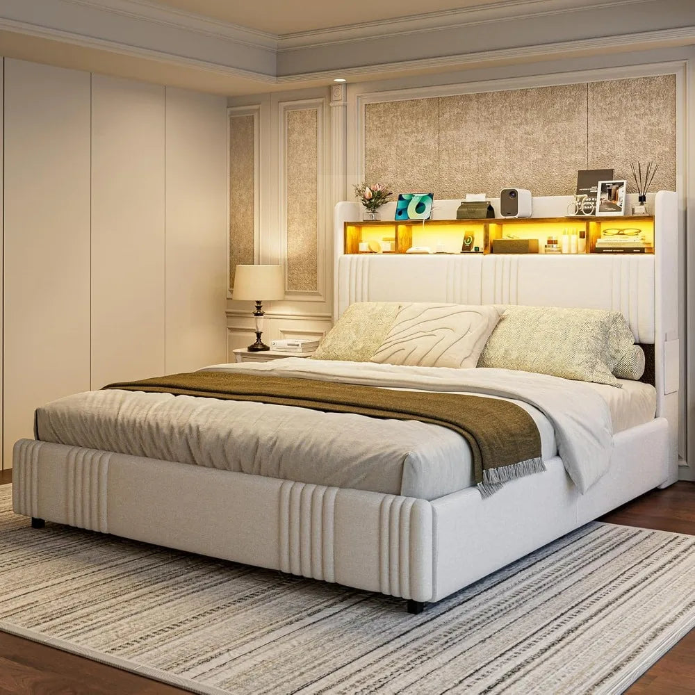 49.2” Tall California King Bed Frames with 4 Storage Drawers, Upholstered Wingback Hidden Storage Headboard