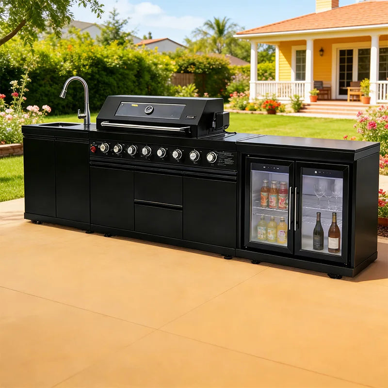 Modern Modular Functional Stainless Steel Outdoor Kitchen Cabinets For Backyard Patio Garden With Grill Cooktop Sink Fridge LED