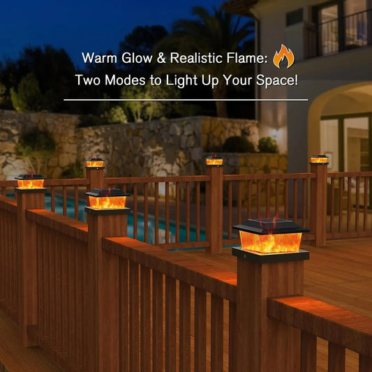 6 Pack Solar Post Cap Lights Flame Effect for 4x4 Wood/Vinyl Posts Waterproof Auto On/Off Outdoor Solar Landscape Garden Lamp