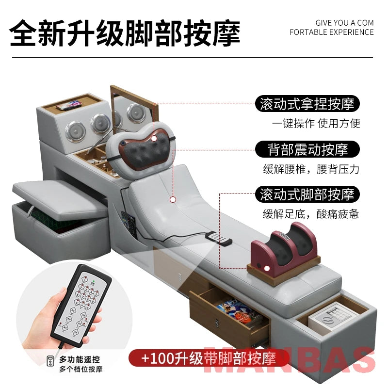King/Queen Size Genuine Leather Bed, Modern Tech Smart Bed with Projector,USB, Speaker, Luxury Multifunction Bed, All In One Bed