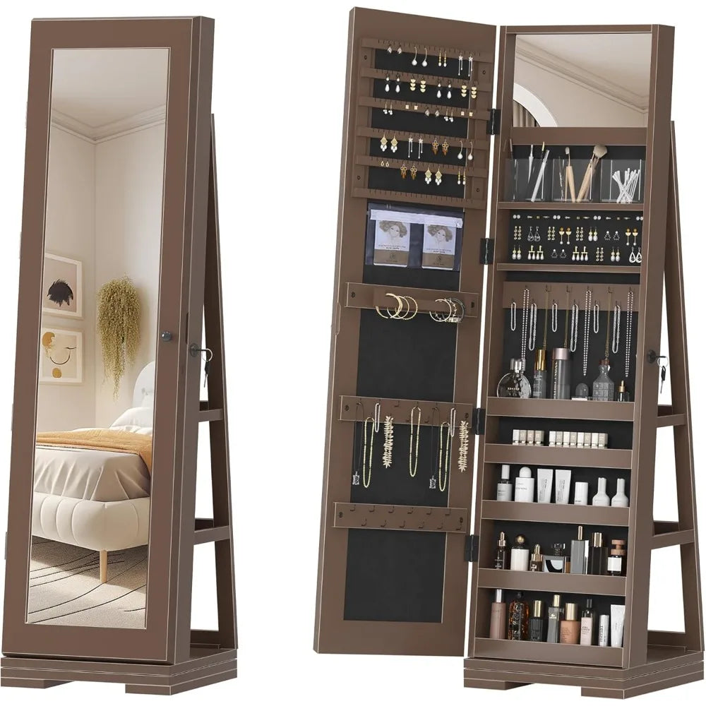 360° Rotating Full-Length Mirror Jewelry Cabinet, Standing Mirror with Jewelry Storage, Makeup Organizer & Lock