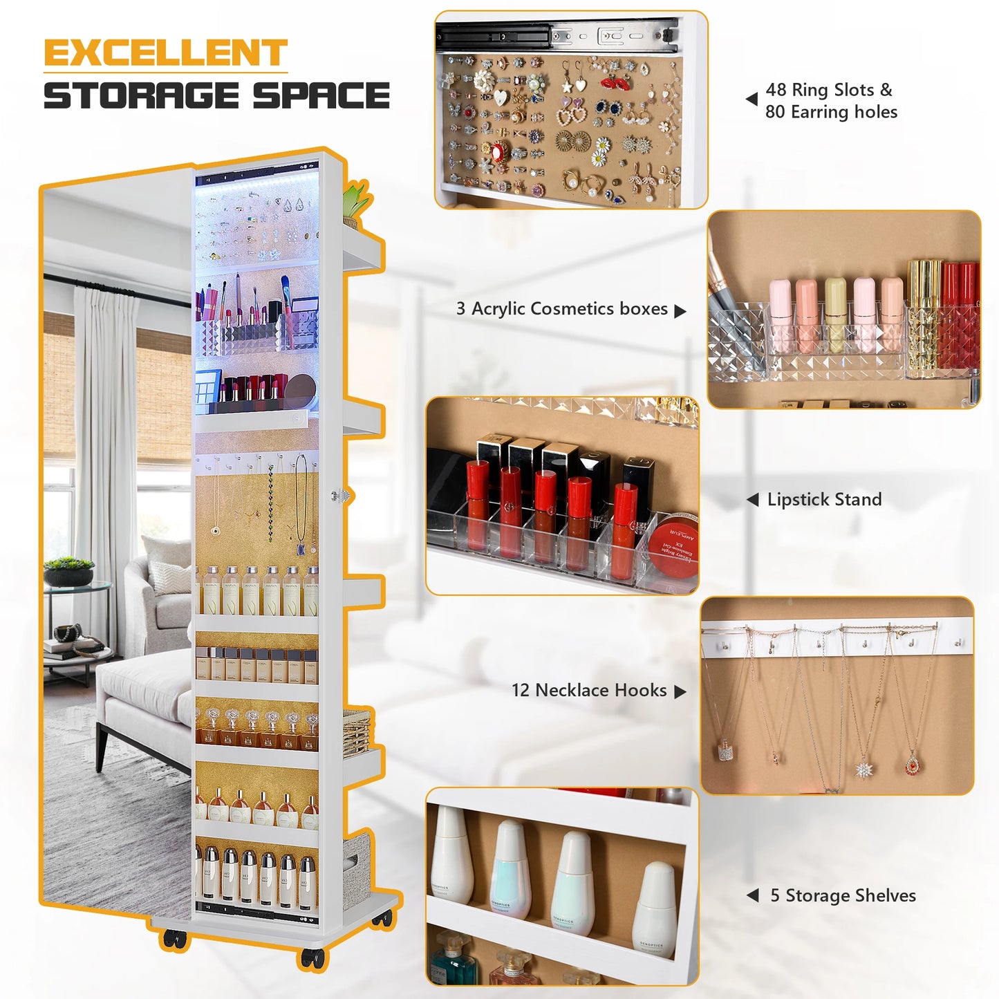 360 Degree Rotating LED Jewelry Armoire With Mirror