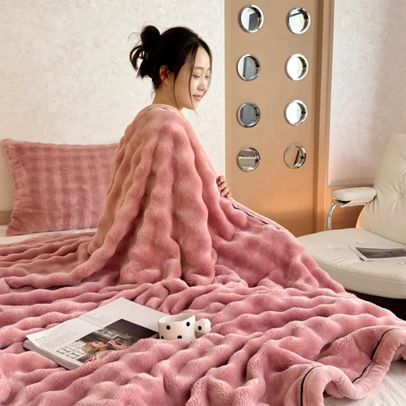 Bubble Imitation Rabbit Fur Throw Blanket Solid Double Sided Plush Blankets for Sofa Bed Spring Autumn Warm Office Nap Blanket