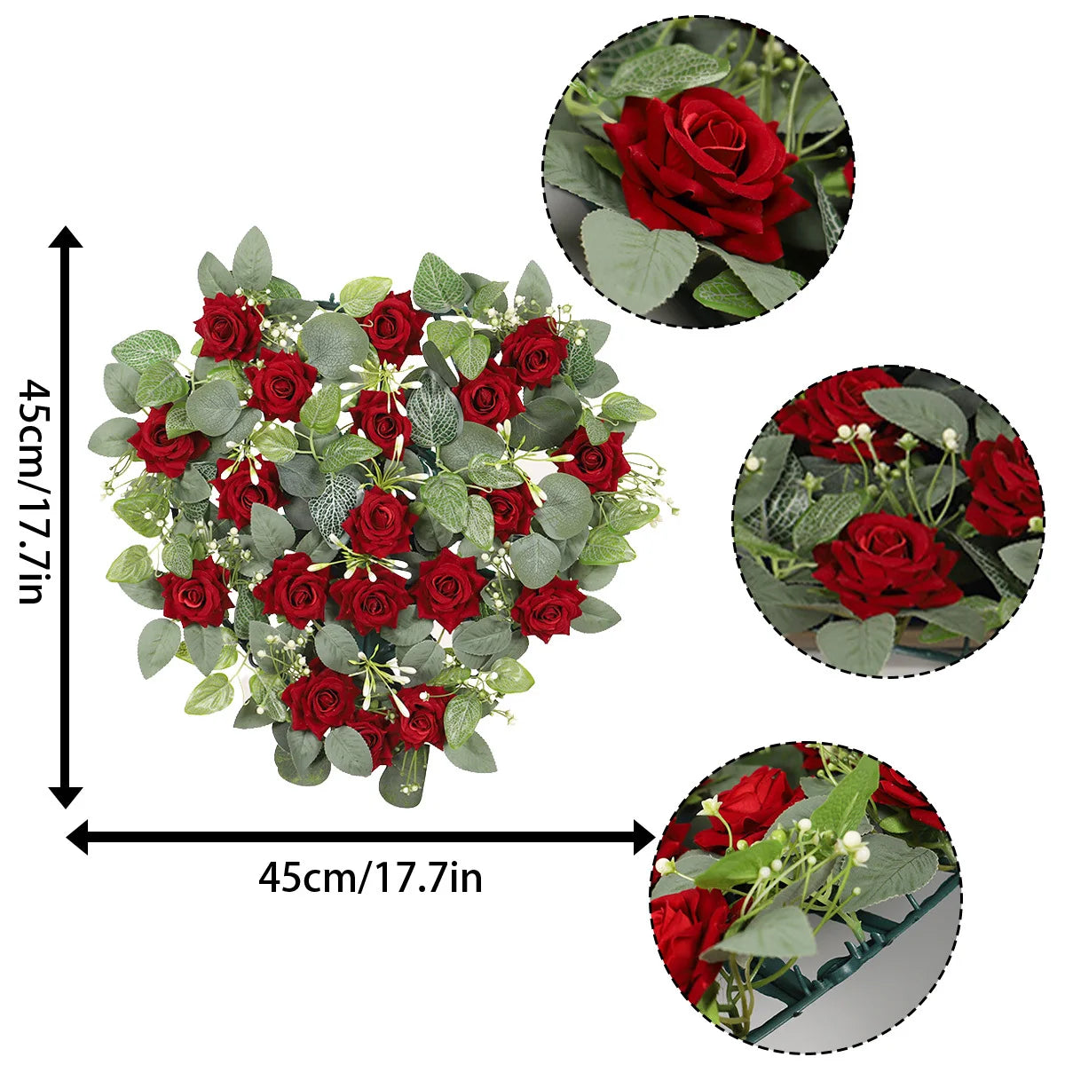 Heart Shaped Red Rose Wreath, Artificial Floral Heart Shaped Garland Valentine's Day Hanging Wreath Wedding Hanging Decoration