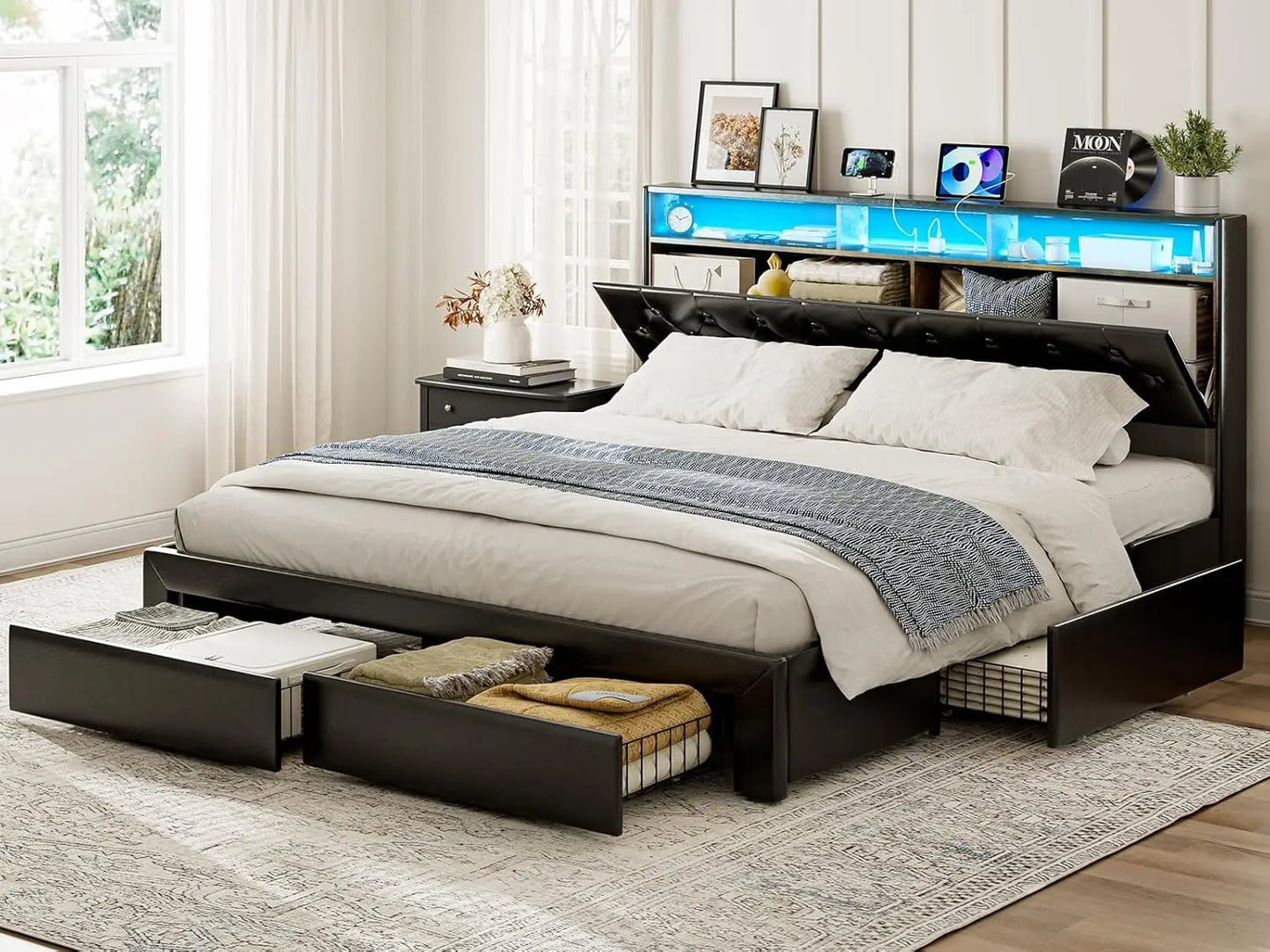 California King Bed Frames with 4 Drawers, Hidden Storage Headboard with LED Lights and Charging Station, Upholstered Cal King P