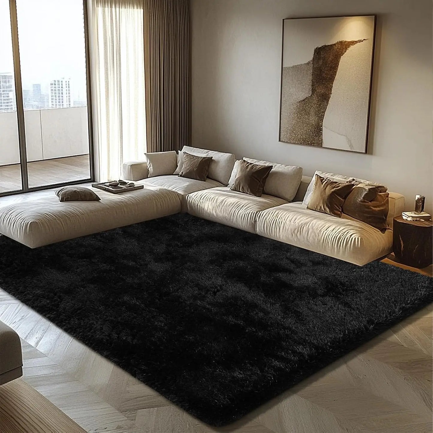 Fluffy Shag Area Rug 8x10, Non-Shedding Soft Carpet for Living Room Bedroom Kids Nursery, Black Fuzzy Indoor Plush Home Decor