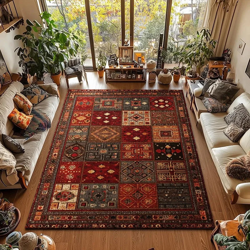 RAKKS Large Retro Red Ethnic Style Patchwork Carpet Area Rug Non-slip Living Room Decor Sofa Rug Bedroom Bedside Rug Floor Mat