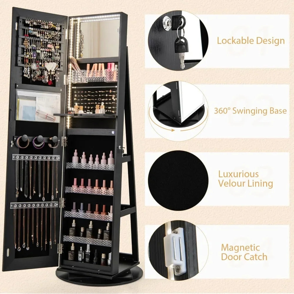 360 Degree Swivel Jewelry Cabinet Armoire With Mirror