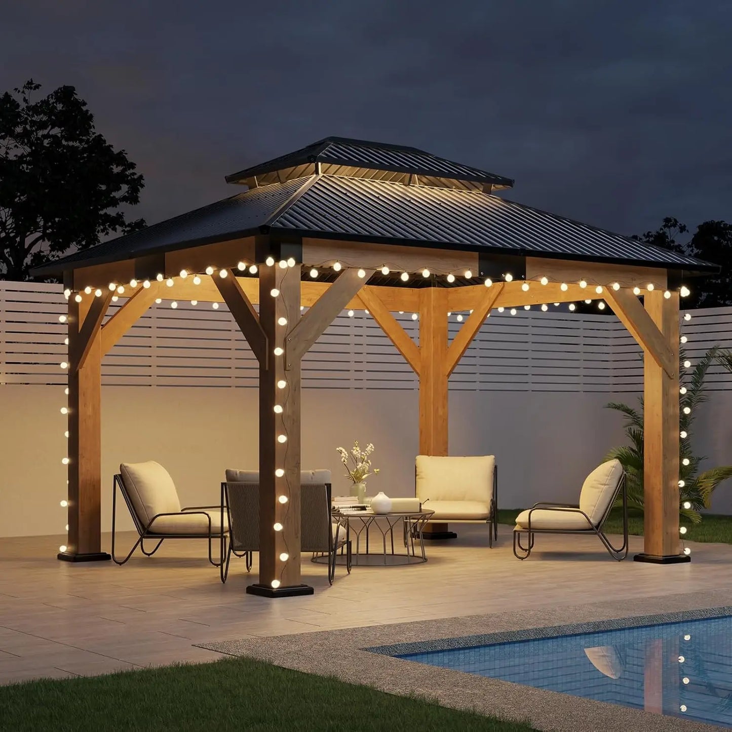 10x12 Wood Gazebo, Hardtop Gazebo with Spruce Frame and Double Metal Roof, Outdoor Pergola for Parties, Backyard, Patio, Lawns,