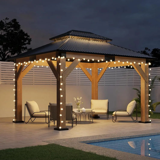 10x12 Wood Gazebo, Hardtop Gazebo with Spruce Frame and Double Metal Roof, Outdoor Pergola for Parties, Backyard, Patio, Lawns,