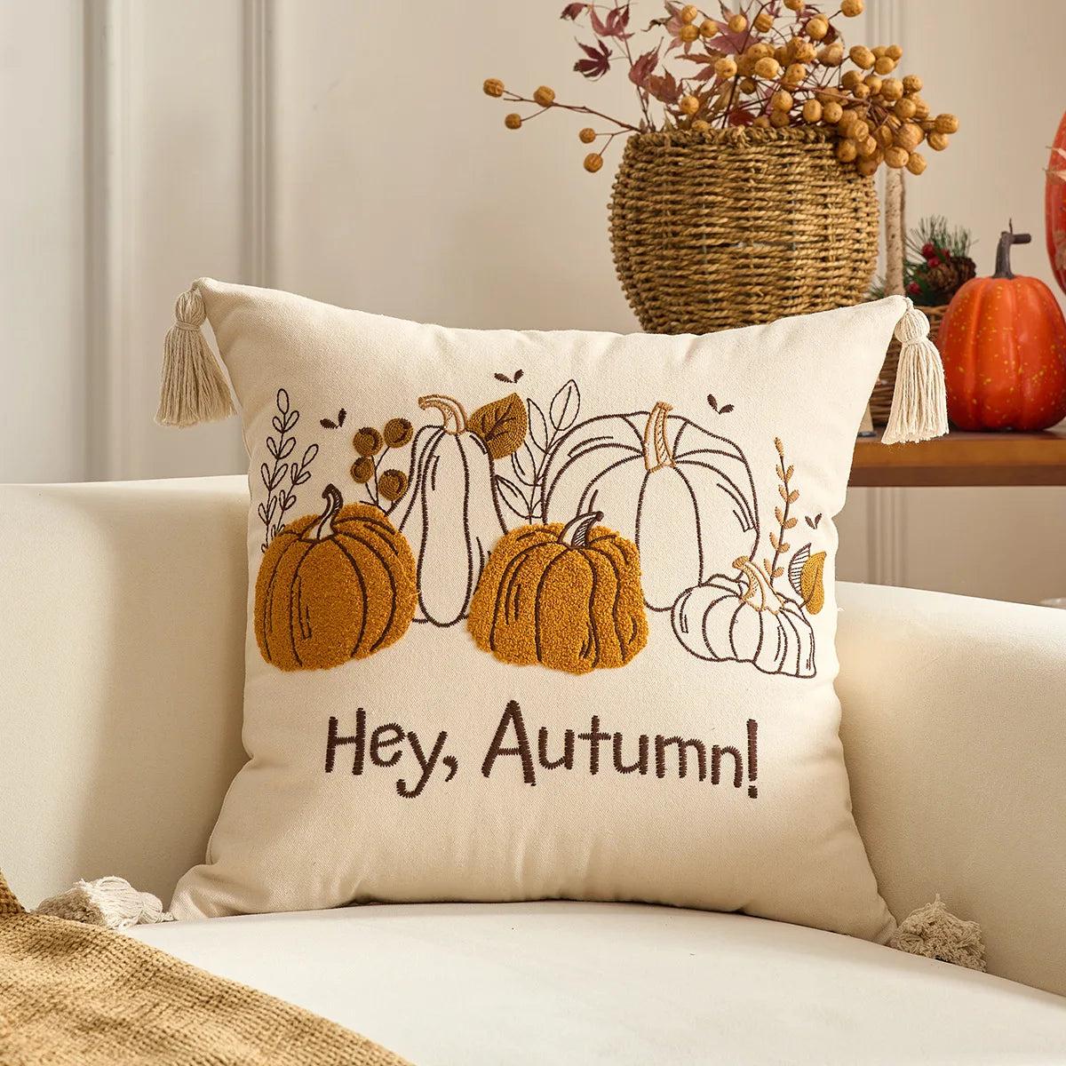 Halloween Tufted Throw Pillow Cover Thanksgiving Maple Pumpkin Square Cushion Cover for Home Living Room Party DIY Fall Decor