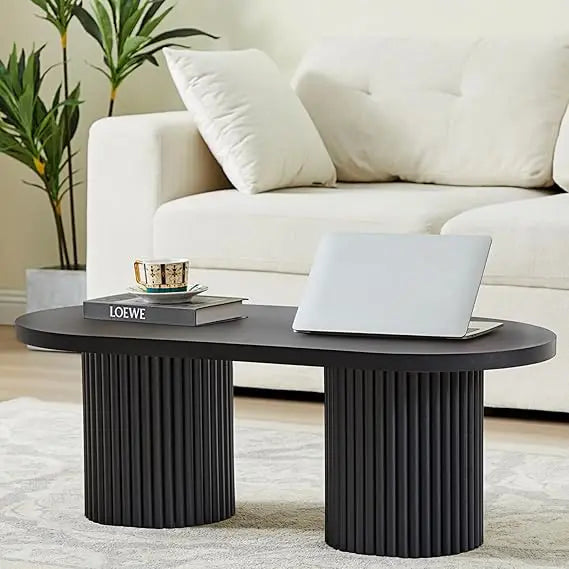 Oval Fluted Wood Coffee Table Farmhouse Mid Century Modern