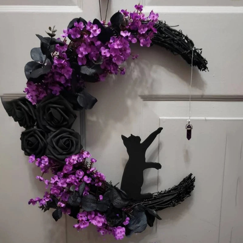 Moon Shaped Door Wreaths Halloween Decorations Welcome Sign Goth Roses Black Cats Garland Front Door Ornament Halloween Signs