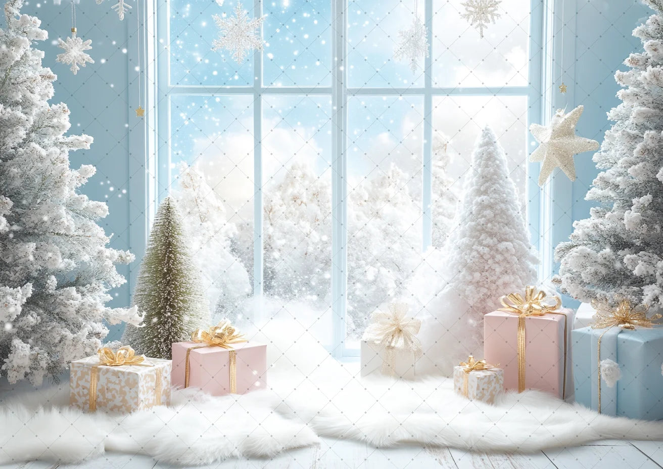 Photography Backdrop Christmas Trees Stars Newborn Birthday Portrait Window Tulle Curtains Gift Decor Photo Background