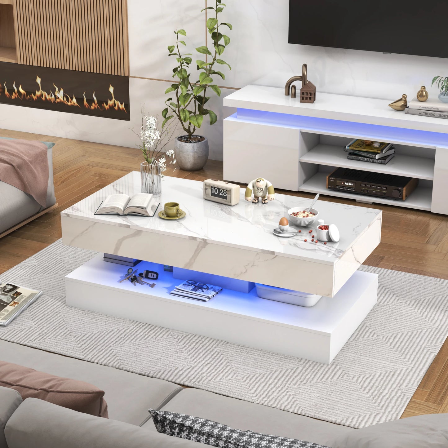 Modern LED Coffee Table With Dual Layer And 2 Drawers