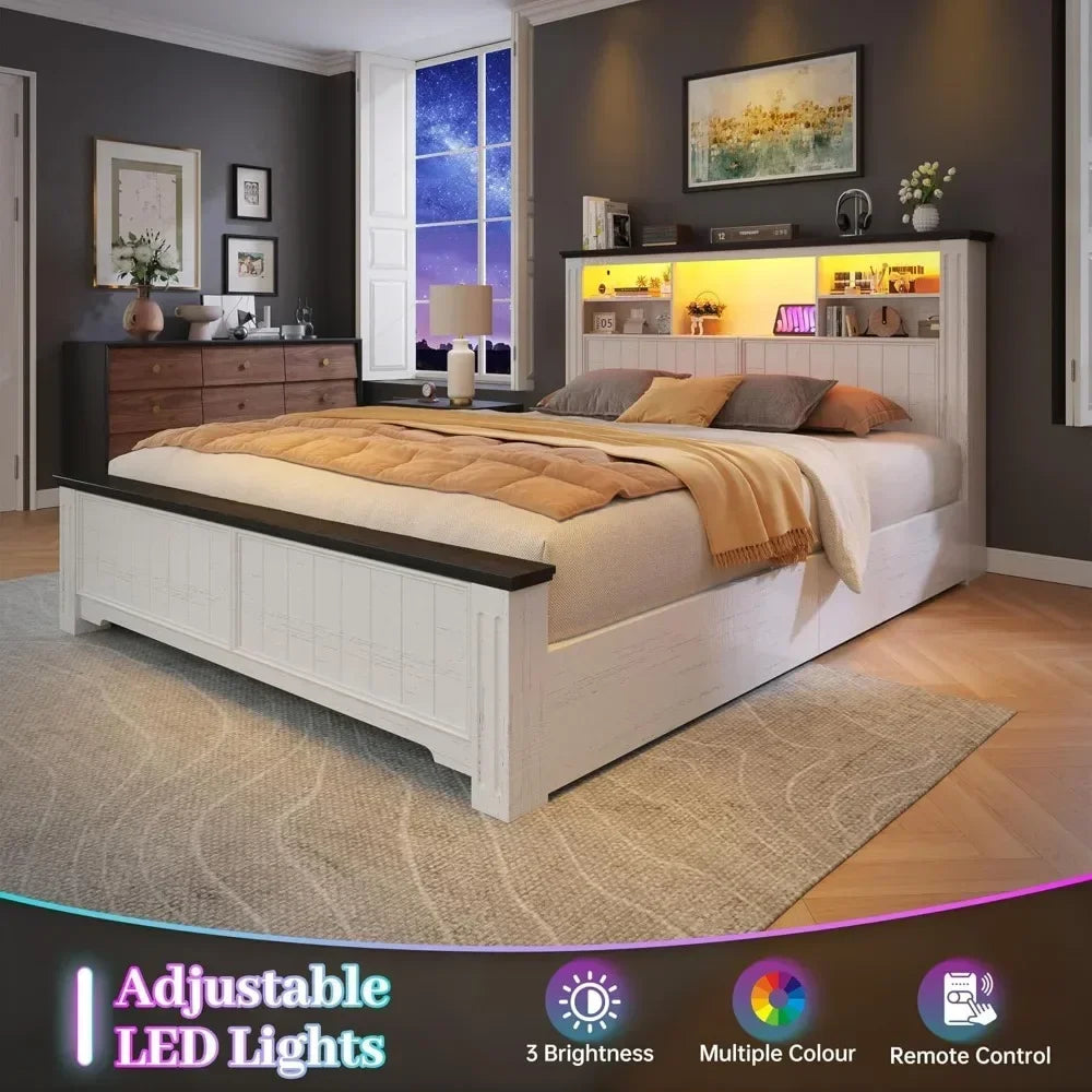 flash sale Bestsellerenhomee full size bed frame with headboard, full bed frame with 4 drawers charging port & led, farmhouse be